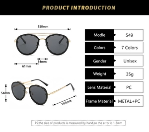 Detailed size chart of round metal sunglasses with dimensions for frame and lens
