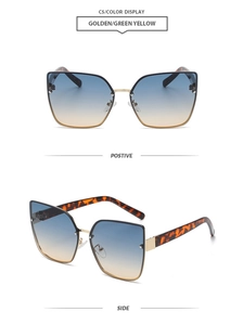 Detail view of cat eye sunglasses with tortoiseshell temples and gradient lenses