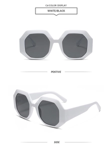 Front and side view of white hexagonal sunglasses with dark lenses and glossy finish