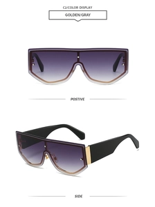 Front and side view of oversized one-piece sunglasses with purple gradient lenses