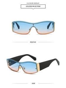 Detail of rimless shield sunglasses with blue to pink gradient lens and golden metal hinges