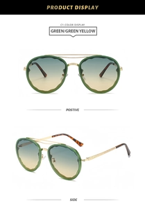Detail of green wavy rim aviator sunglasses with gold double bridge and gradient lenses