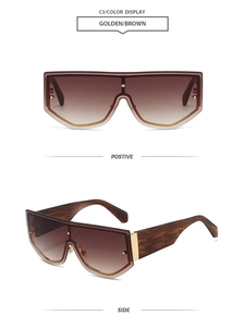 Detailed front and side views of large frame sunglasses in golden and brown finish