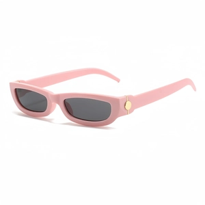 Modern rectangle sunglasses with light pink frames and gold metal hinges on white background
