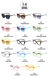Grid view showcasing 14 color variations of cat-eye frames and tinted sunglasses