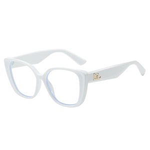 Stylish white cat-eye frames with gold logo detail and blue light blocking lenses