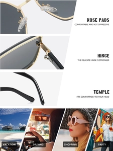 Macro detail of gold metal hinges and nose pads on rimless cat-eye sunglasses