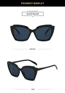 Detailed front and side views of black cat-eye sunglasses with dark blue lenses
