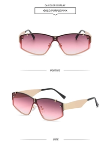 Vues de face et de côté de lunettes de soleil dégradées violettes à branches dorées