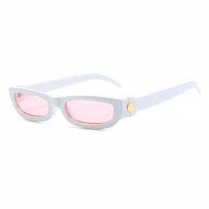 Retro rectangle sunglasses with white glossy frame and light pink lenses for women