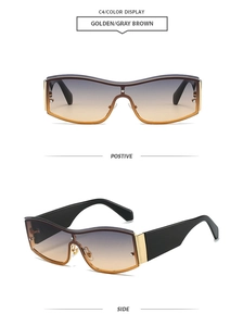 Front and side views of rimless gradient oversized sunglasses with gold metal frame