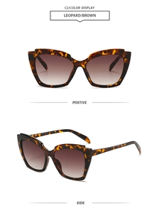 Detailed front and side views of leopard print cat eye sunglasses with brown lenses