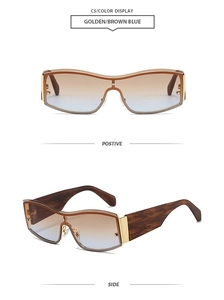 Detail of rimless gradient sunglasses with gold metal trim and wood grain temples C5