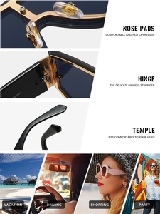 Detail showing comfortable nose pads, sturdy hinges and ergonomic temples of large frame sunglasses
