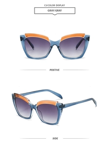 Detail view of cat-eye sunglasses featuring blue transparent frames and orange accents