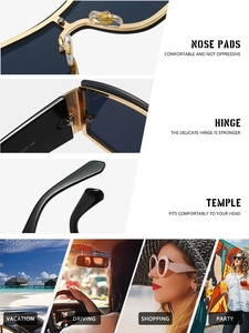 Detail view of rimless sunglasses with metal hinges and various fashion lifestyle scenes
