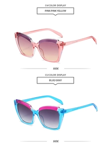 Detailed side view of cat-eye sunglasses in gradient pink and blue resin frames