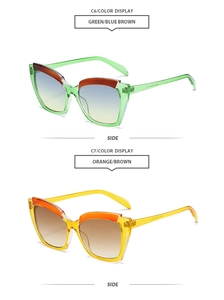 Detailed side view of oversized cat-eye sunglasses in transparent green and yellow frames