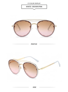 Detailed views of white round sunglasses with wavy frames and brown gradient lenses