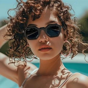 Close-up of black polygonal sunglasses with dark UV lenses on a model by a pool