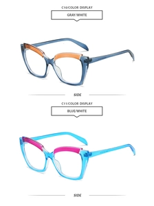 Side view of contrast color cat-eye sunglasses in transparent gray and sky blue frames