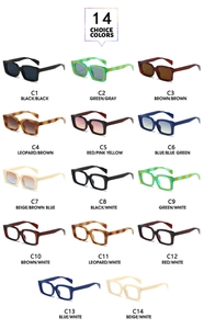 Matrix display of 14 rectangle sunglasses in various colors from black to leopard print