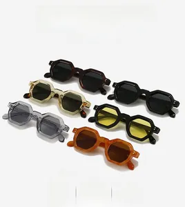 Detailed collection of vintage geometric sunglasses in various colors with hex frames