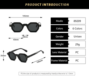 Detailed size specifications for unisex black polygonal PC sunglasses with dimensions