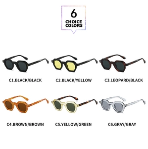Collage of retro polygon sunglasses in six assorted colors including black, yellow and amber