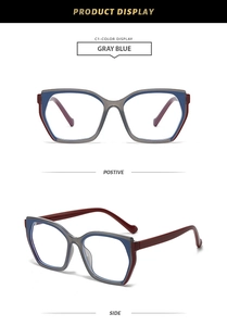 Détails de monture géométrique carrée gris et bleu avec des branches rouge foncé
