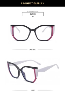 Front- und Seitenansicht der Cat-Eye Blaulichtbrille mit schwarz-weißem Farbkontrast