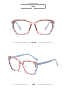 Vues détaillées de la monture œil-de-chat rose et bleue avec contraste de couleurs