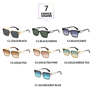 Detailed grid showing seven color options of square metal cutout fashion sunglasses