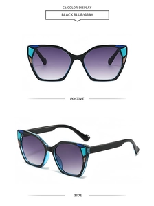 Detail view of square sunglasses with geometric blue and gold pattern on the side temples