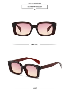 Detail of vintage square sunglasses in dark burgundy with red-pink gradient lenses