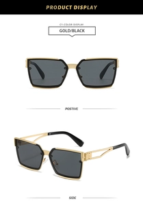Detail view of gold metal cutout sunglasses with black lenses from front and side angles