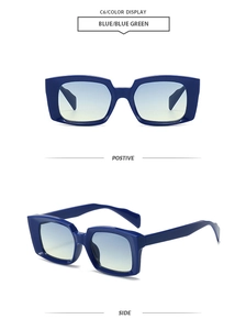 Macro view of blue rectangular frame sunglasses with thick temples and side angle