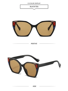 Detail view of square sunglasses showing tricolor block decor and tea lenses