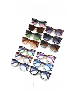 Detailed matrix layout of 12 assorted retro square sunglasses with TR90 frames and various lenses