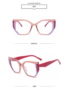 Detailansicht der rosa-violetten Cat-Eye-Brille mit geometrischem Rahmen und roten Bügeln