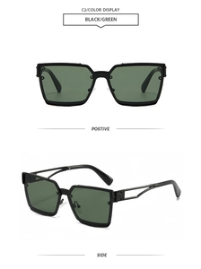 Close-up of square metal frame sunglasses with hollow temple design and green lenses