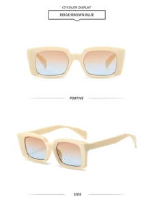 Close-up of retro rectangular beige frames with gradient brown to blue lenses
