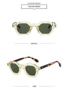 Detailed views of geometric polygon sunglasses in yellow frame and green lenses