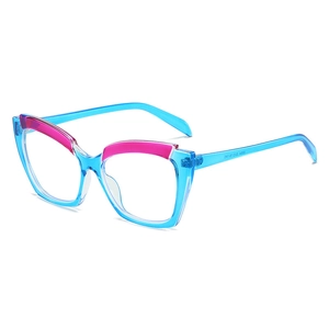 Retro cat-eye blue eyewear frame with pink accents and contrasting fashion design