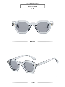 Detail view of transparent grey hexagonal sunglasses with durable resin frame
