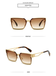 Detailed side view of gold metal sunglasses frame with hollow design and tea lenses