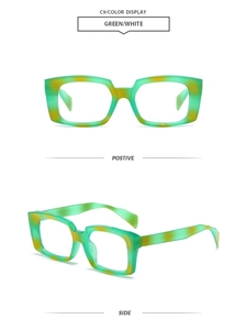 Detail view of green and white marble pattern rectangular sunglasses frame in C9 color
