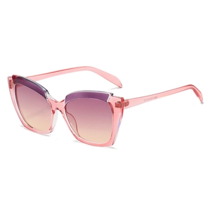 Retro cat-eye sunglasses with translucent pink frame and purple gradient lenses