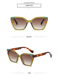 Detail of square oversized sunglasses with green frames and color-block geometric decor