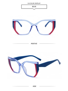 Detailansicht der Katzenaugen Brille mit Blaulichtfilter in Blau und Rot Kontrast